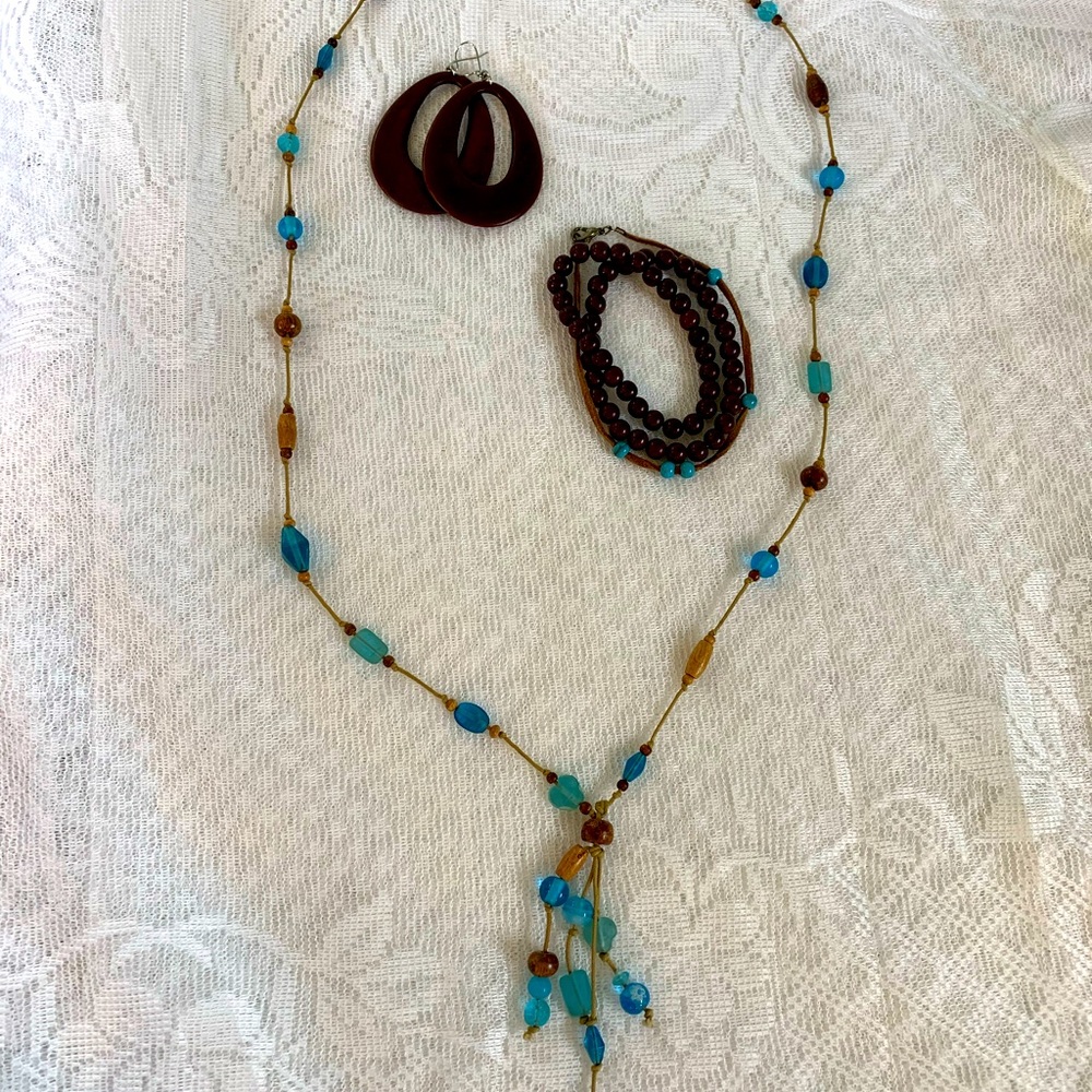 Wood jewelry bundle. Bracelets earrings and necklace. Sea glass type beads.